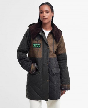 Vestes Barbour Barbour x GANNI Corta Burghley Matelassé Wax Femme Vert | France_BAR84192