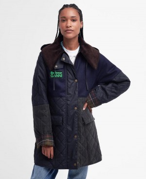 Vestes Barbour Barbour x GANNI Corta Burghley Matelassé Wax Femme Bleu Marine | France_BAR73167